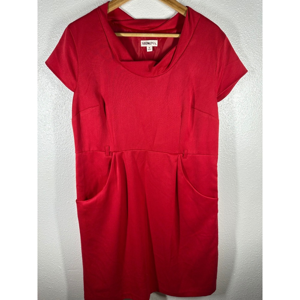 Merona Dress Women 16 Red Cowl Neck Short Sleeve Pockets Sheath Workwear 6833